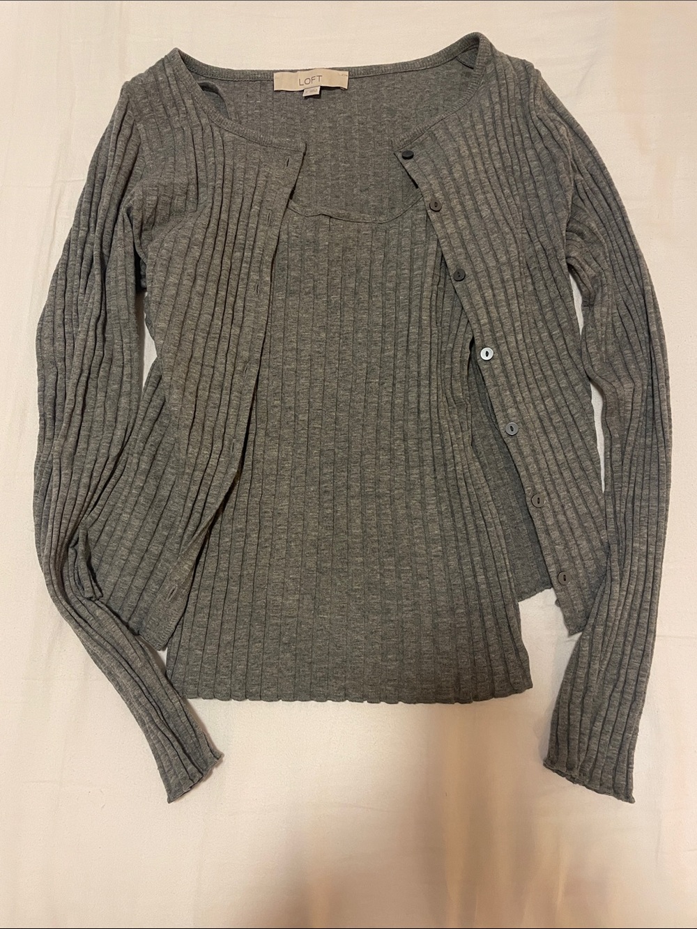 LOFT Gray Ribbed Button-Front Cardigan and Tank Set